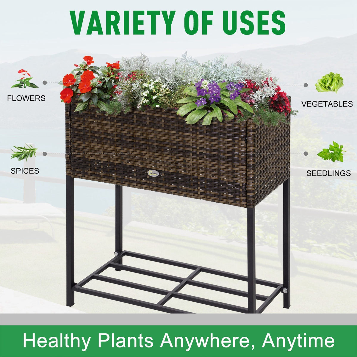 PE Rattan Raised Planter Bed with Tool Storage Shelf for Plants, Flowers, Herbs, Brown
