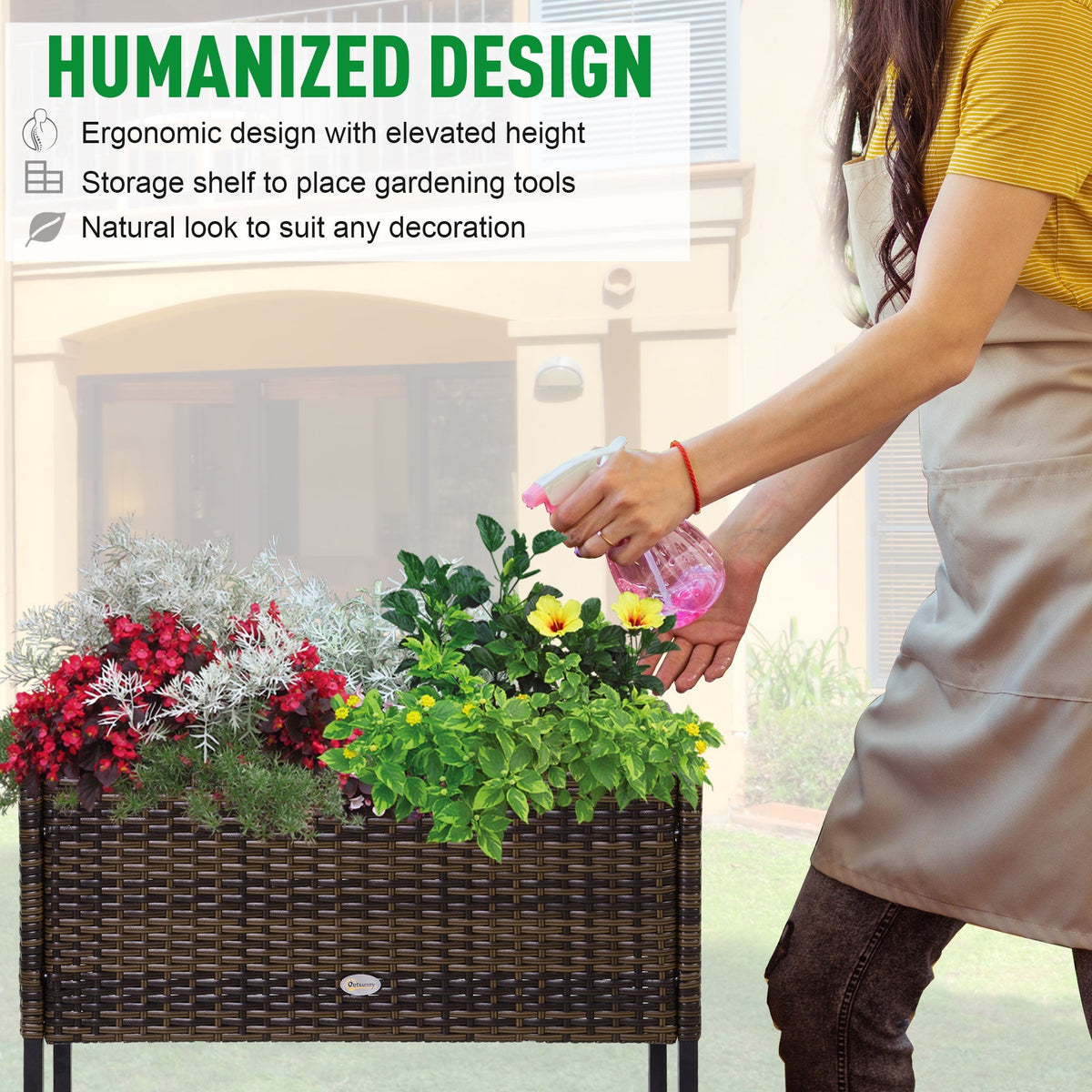 Modern Elevated Metal Garden Bed with Rattan Look & Storage, Brown