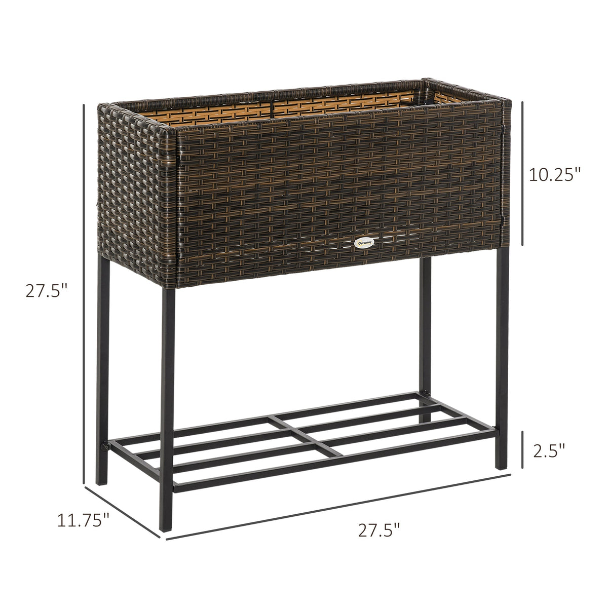 PE Rattan Raised Planter Bed with Tool Storage Shelf for Plants, Flowers, Herbs, Brown