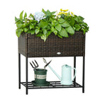 Modern Elevated Metal Garden Bed with Rattan Look & Storage, Brown