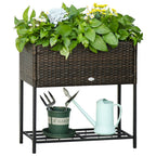 PE Rattan Raised Planter Bed with Tool Storage Shelf for Plants, Flowers, Herbs, Brown