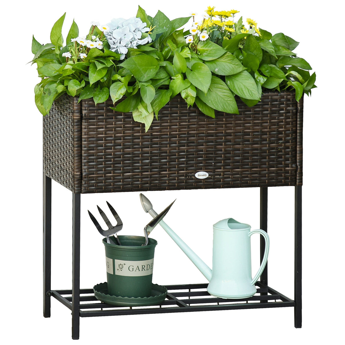 PE Rattan Raised Planter Bed with Tool Storage Shelf for Plants, Flowers, Herbs, Brown