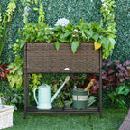 Modern Elevated Metal Garden Bed with Rattan Look & Storage, Brown