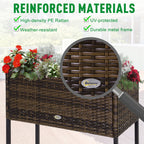Modern Elevated Metal Garden Bed with Rattan Look & Storage, Brown