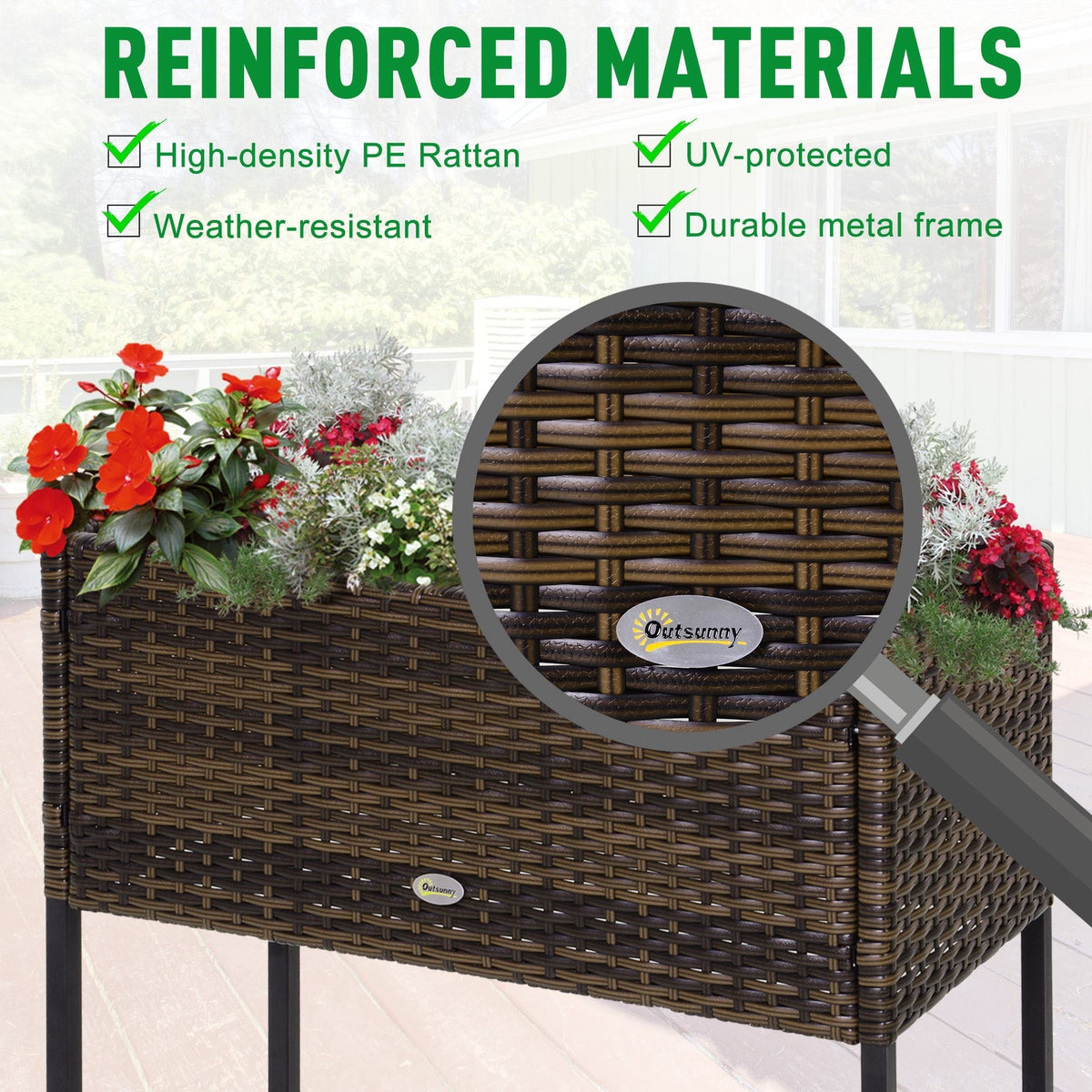 Modern Elevated Metal Garden Bed with Rattan Look & Storage, Brown