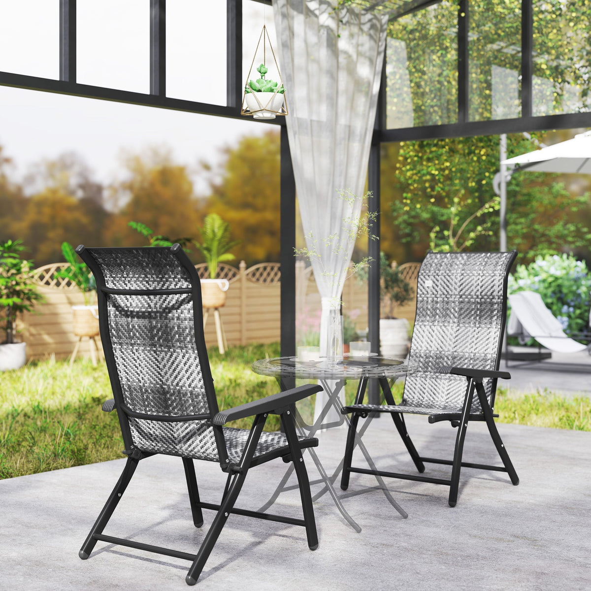 2PCs Outdoor Wicker Folding Chairs with Adjustable Backrest & Steel Frame, Mixed Grey