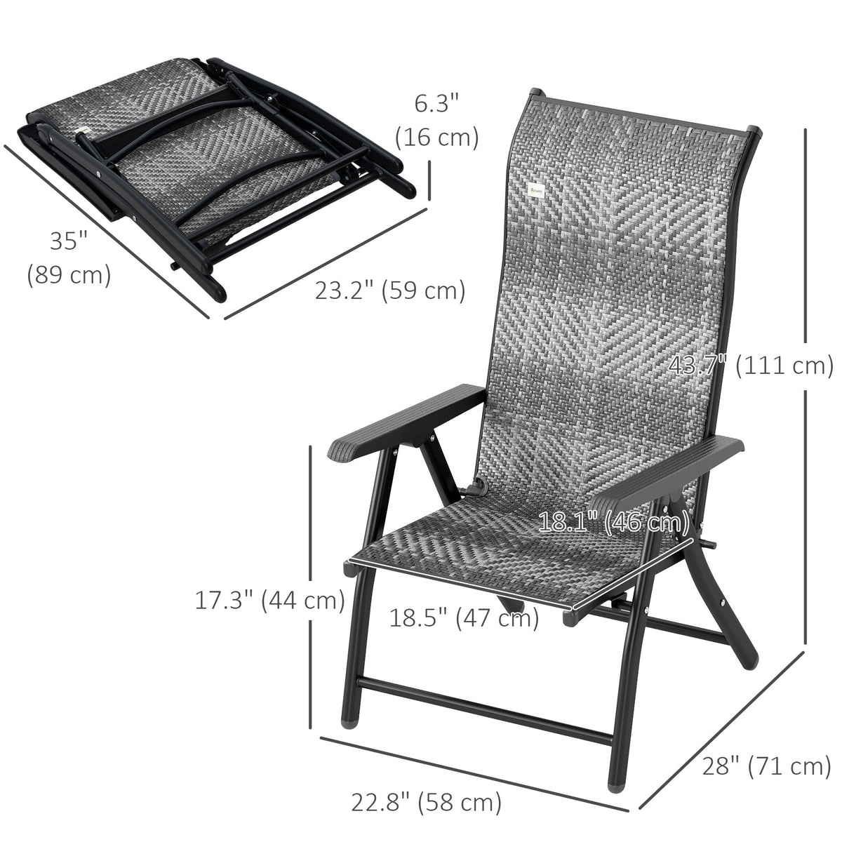2PCs Outdoor Wicker Folding Chairs with Adjustable Backrest & Steel Frame, Mixed Grey