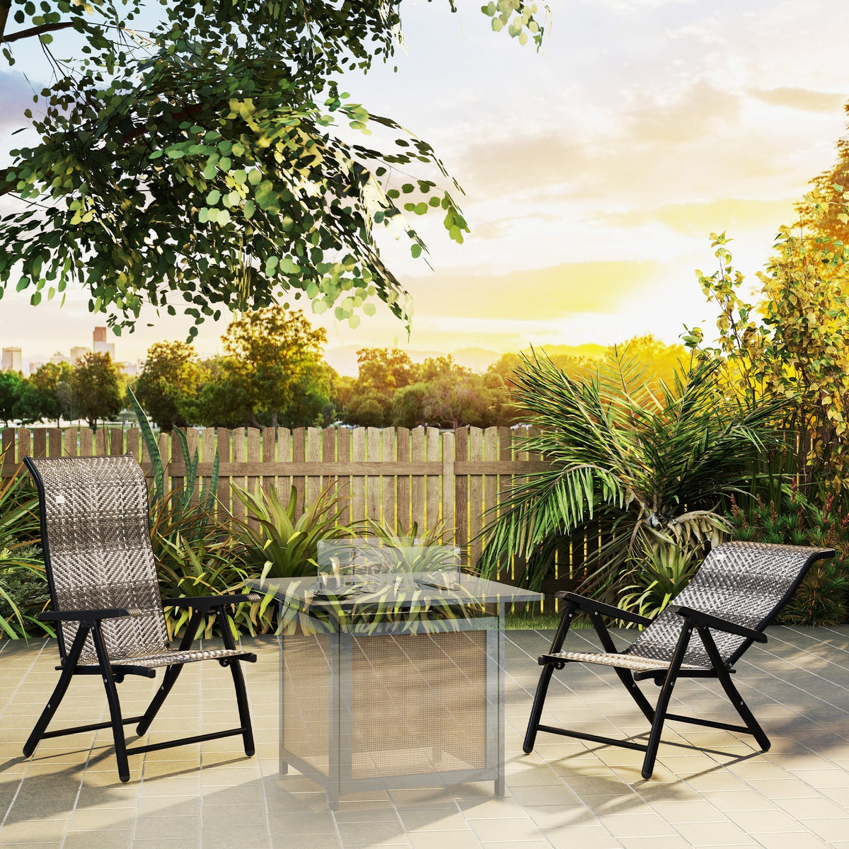 2PCs Outdoor Wicker Folding Chairs with Adjustable Backrest & Steel Frame, Mixed Grey