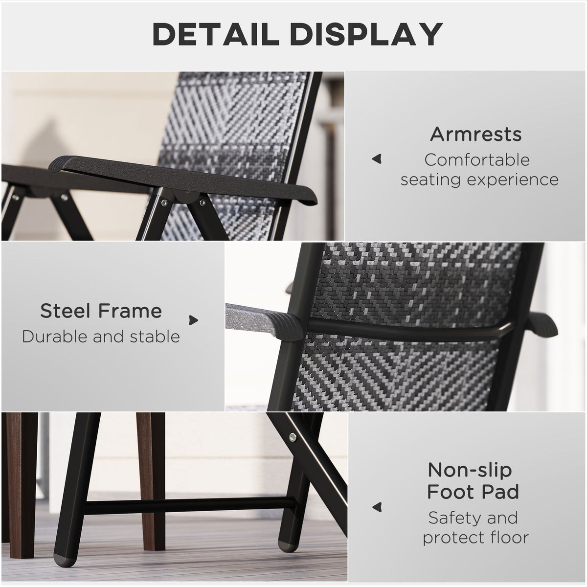 2PCs Outdoor Wicker Folding Chairs with Adjustable Backrest & Steel Frame, Mixed Grey