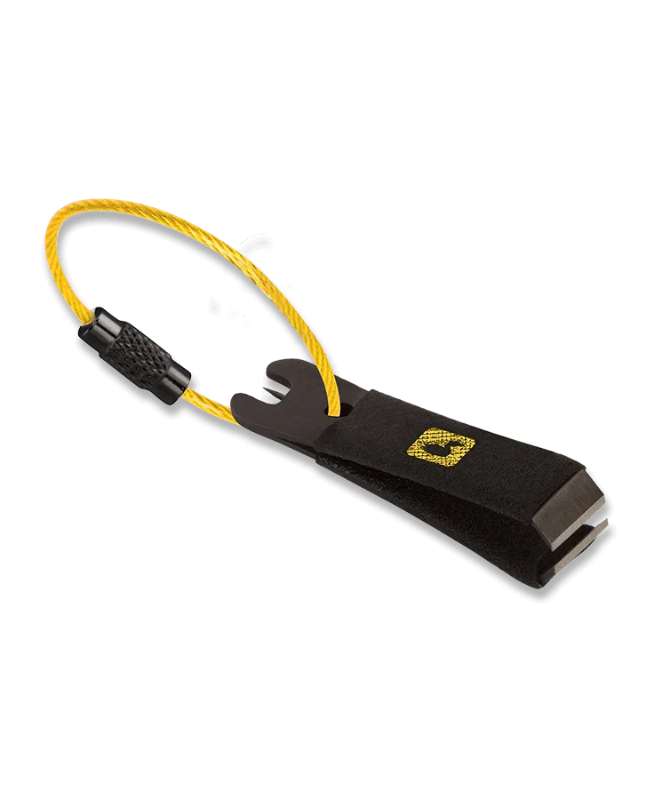 Loon Outdoors Rogue Nippers tool with a compact black body, yellow safety cord, and metal cutting blades designed for fishing tackle maintenance and line cutting.