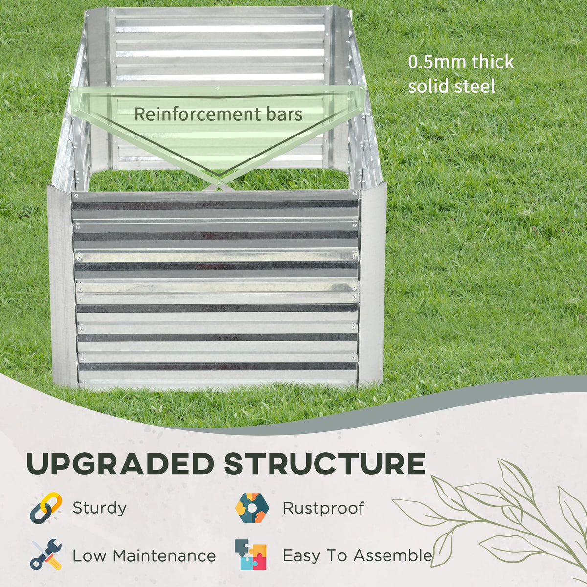 Galvanized Raised Garden Bed Kit with Reinforcing Bars, Large and Tall Metal Planter Box for Vegetables, Flowers and Herbs, 6' x 3' x 2', Silver
