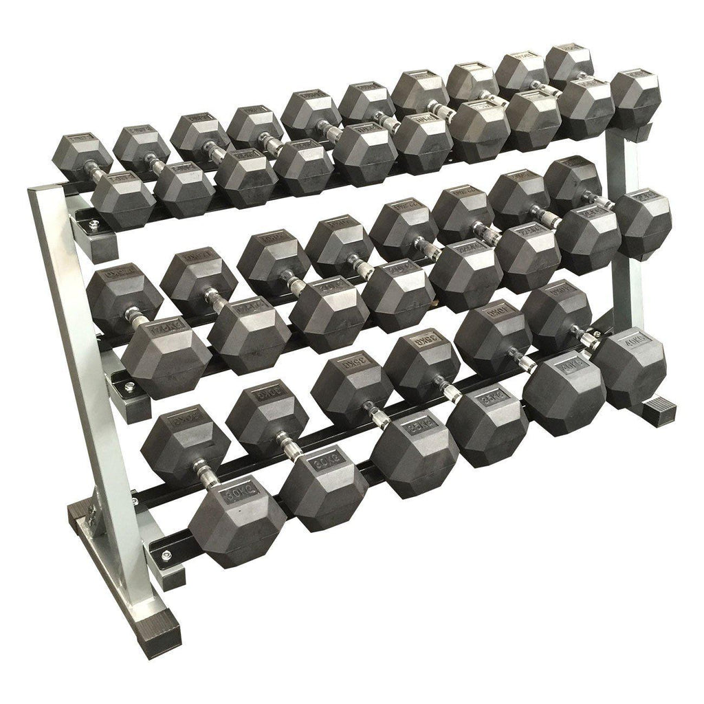 Muscle Motion Rubber Hex Dumbbell Set (5kg to 40kg) (with 3 Tier Rack)