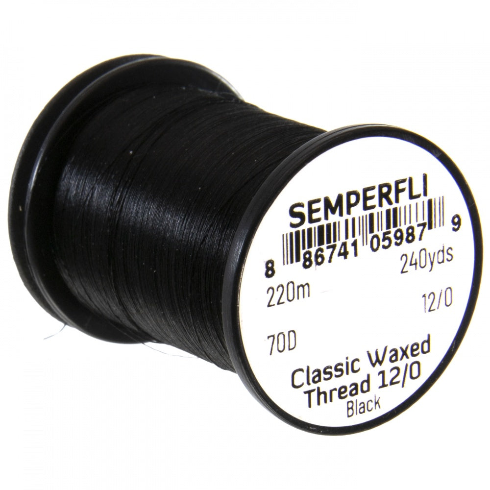 Semperfli Classic Waxed 12/0 black thread spool designed for fly fishing, used for precise tying of fishing lures and tackle.