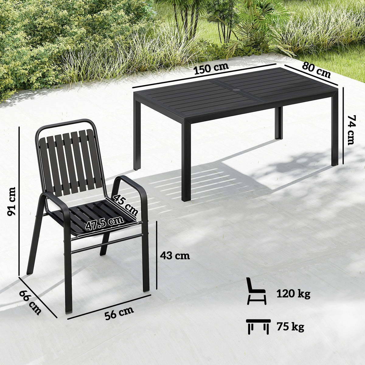 7 Piece Garden Dining Set with Stackable Chairs and Umbrella Hole, Black