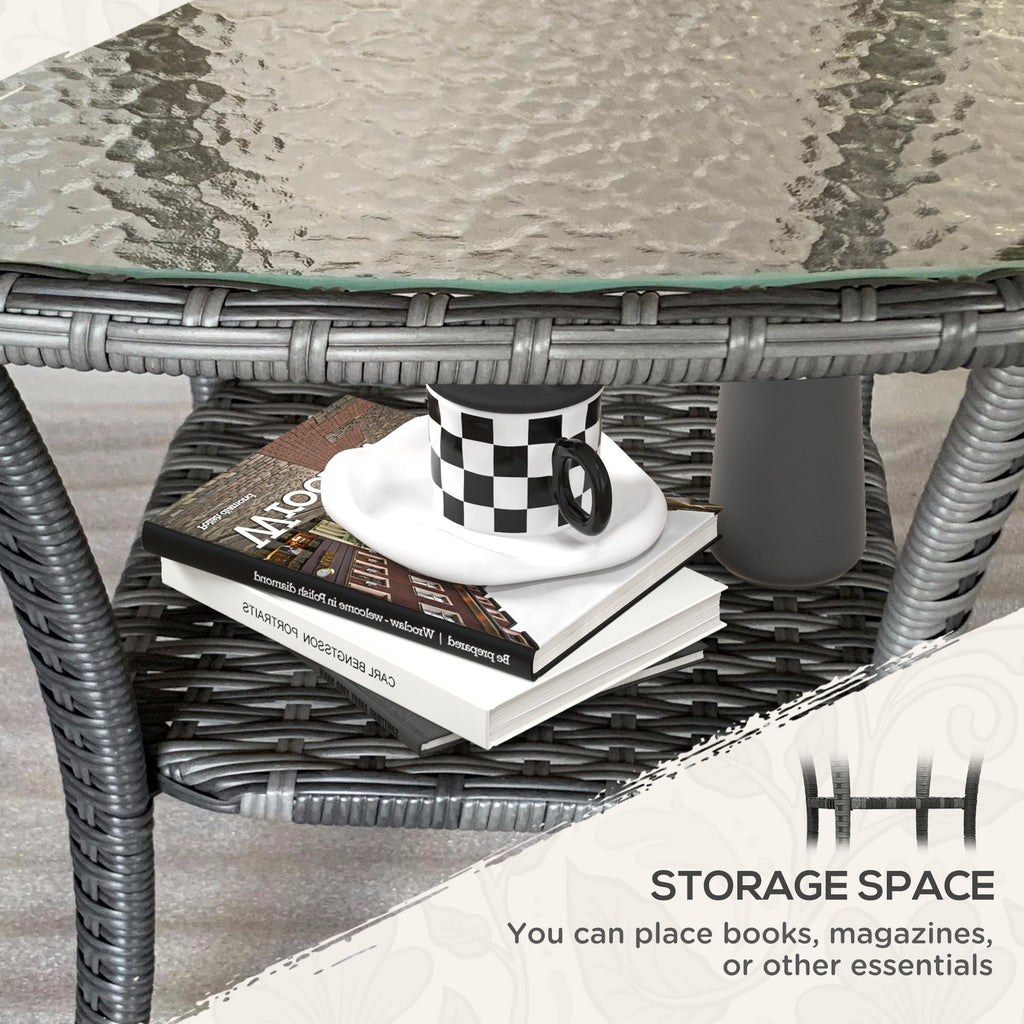 Rattan Coffee Table with Storage Shelf and Glass Top, Mixed Grey
