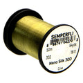 Semperfli Nano Silk 30D Thread spool in olive color, a fine, durable thread used for fly fishing tackle and custom fishing rod builds.