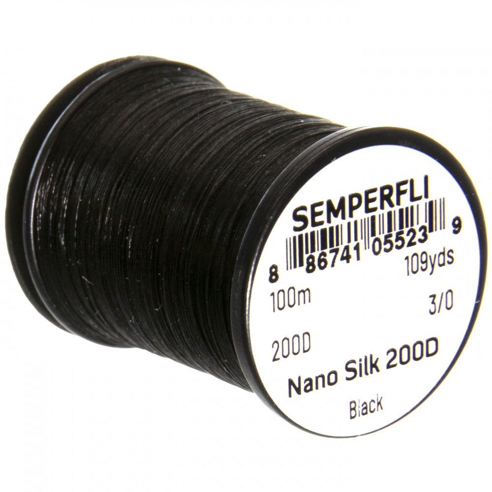 Semperfli Nano Silk 200D Thread in black, high-quality synthetic thread spool for precise fly tying and custom fishing tackle applications.
