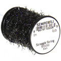Spool of Semperfli Straggle String in black, a textured synthetic fishing material used for tying flies and lures, shown with fine fibers wrapped around a black plastic core.