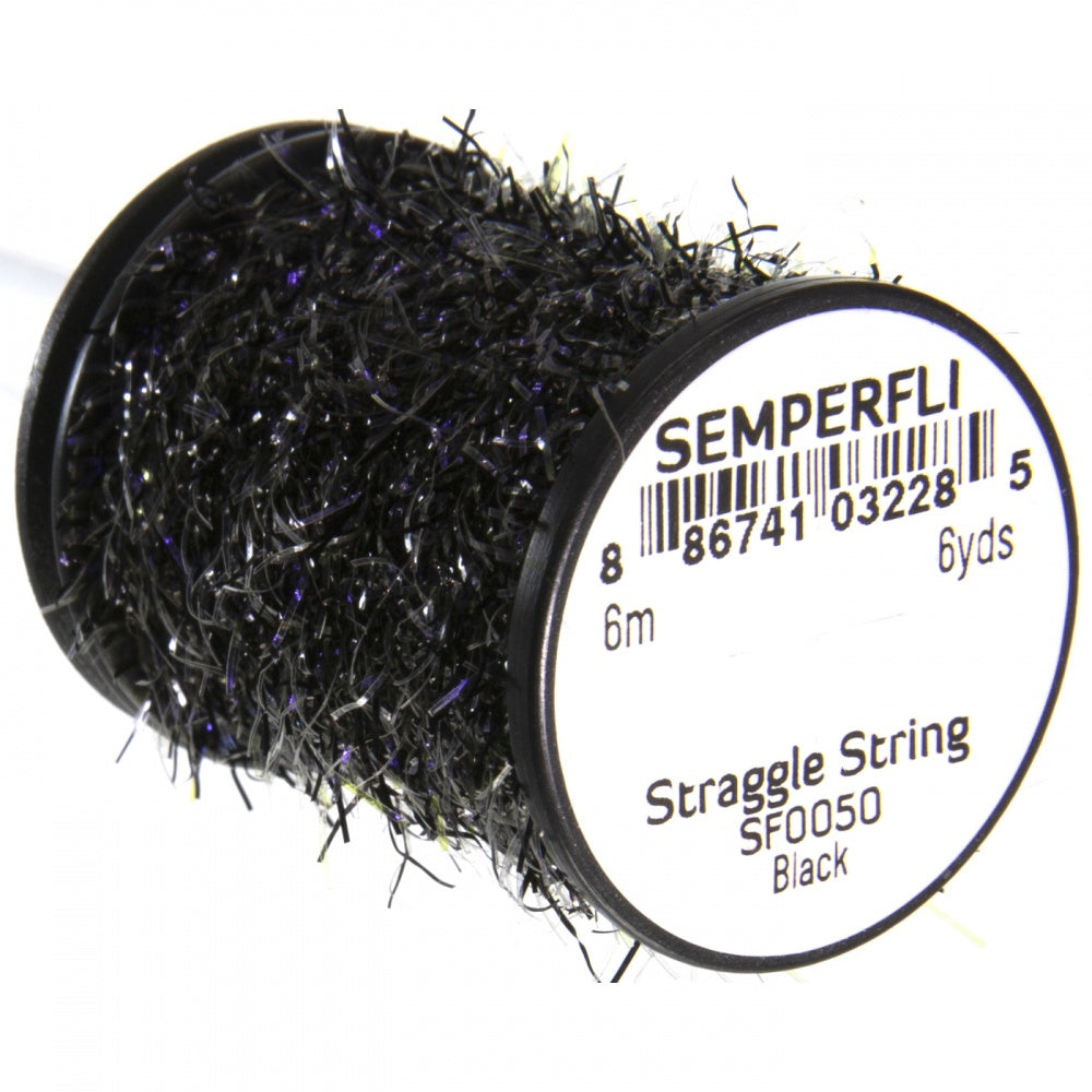 Spool of Semperfli Straggle String in black, a textured synthetic fishing material used for tying flies and lures, shown with fine fibers wrapped around a black plastic core.