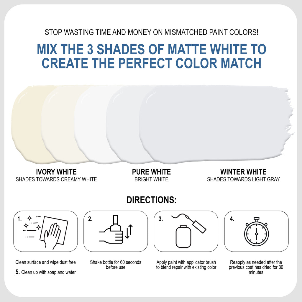 Matte White Touch-Up Paint Pen Kit - Wall, Kitchen Cabinet, Furniture, Wood Door Touch Up - 3 Color Shades, Instantly Repair & Restore Scratches, Chips, Stains - Mix to Perfect Color Match