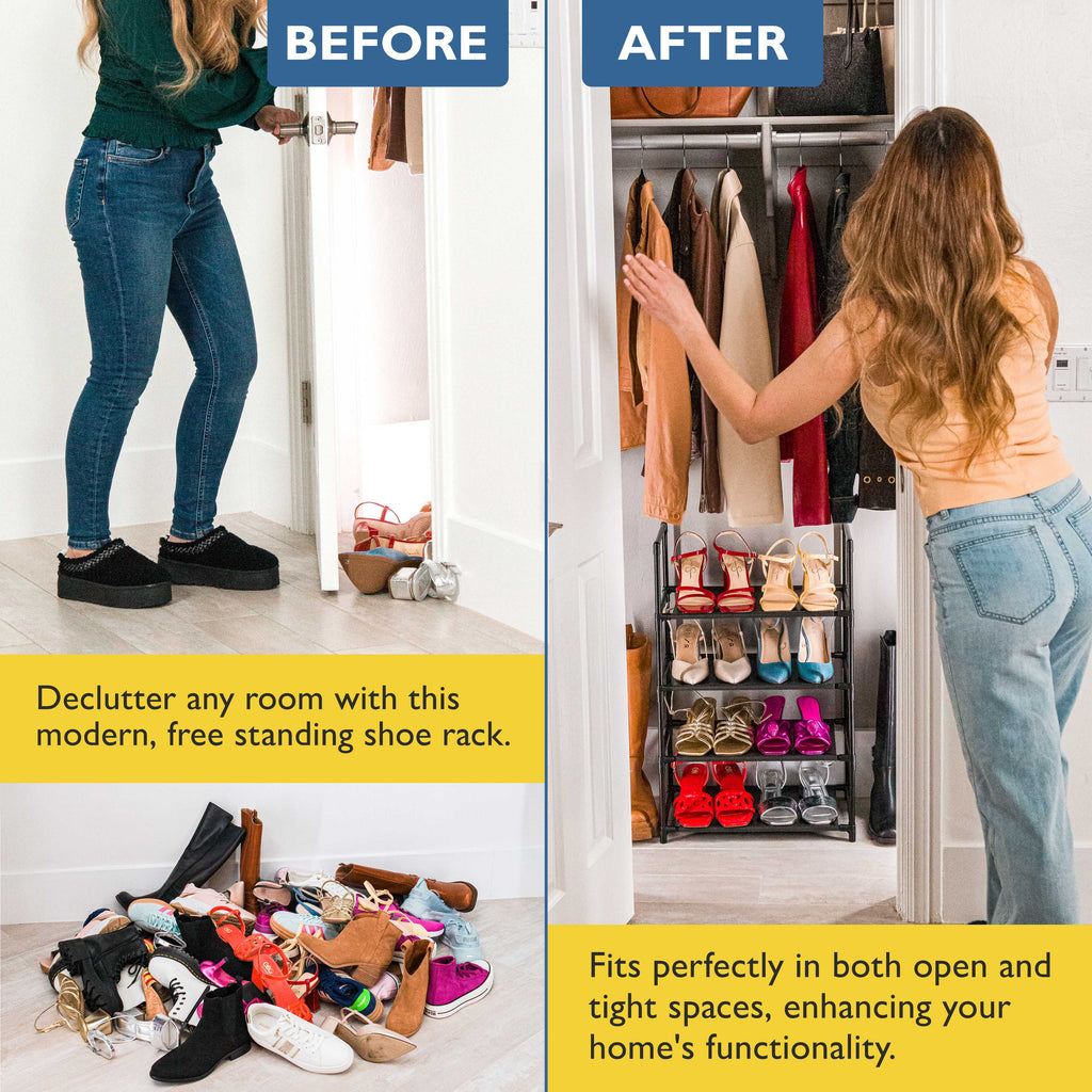 4 Tier Shoe Organizer, Sturdy Stackable Shoe Rack for Closet, Bedroom, Entryway, Garage, Non Woven Fabric Shelf, Black, Holds 8-12 Pairs