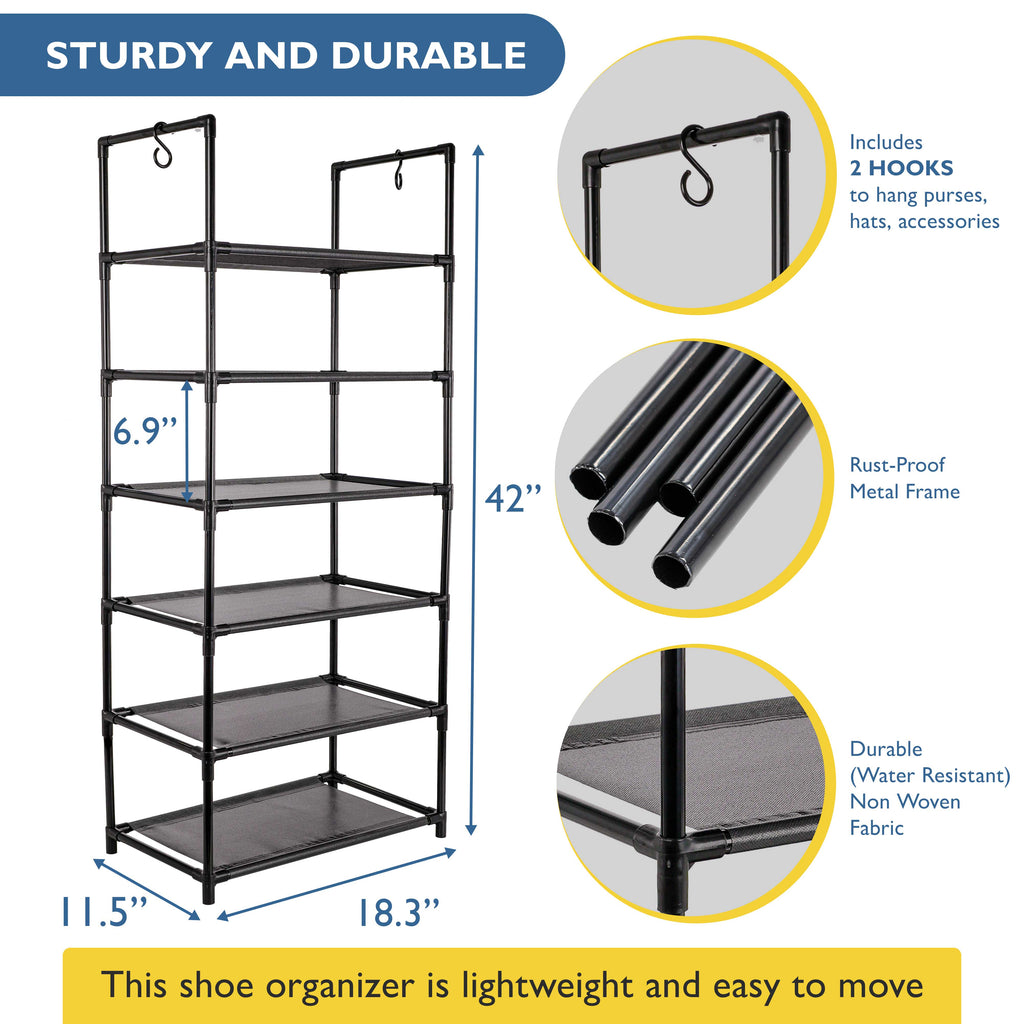 6 Tier Tall Shoe Organizer, Sturdy Stackable Shoe Rack for Closet, Bedroom, Entryway, Garage, Non Woven Fabric Shelf, Black, Holds 12-18 Pairs