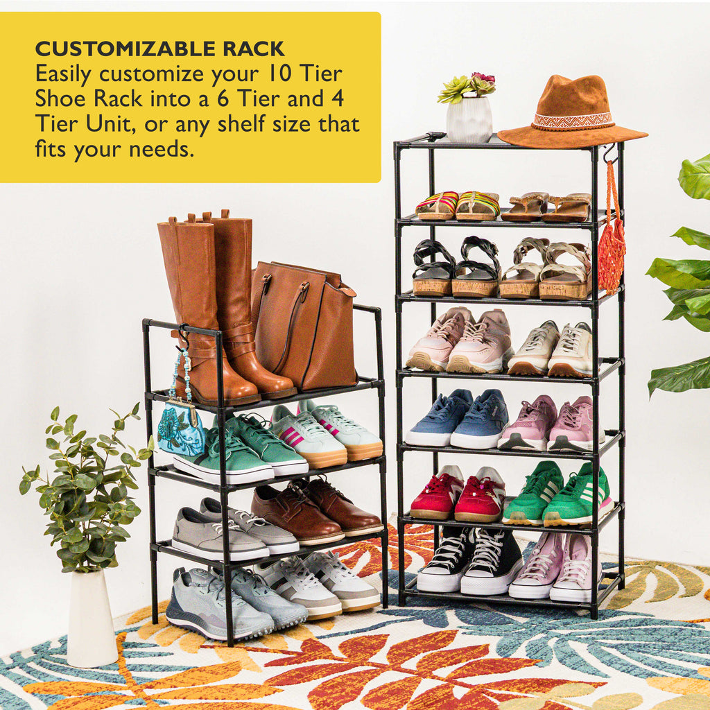 10 Tier Tall Shoe Organizer, Sturdy Stackable Shoe Rack for Closet, Bedroom, Entryway, Garage, Non Woven Fabric Shelf, Black, Holds 20-30 Pairs