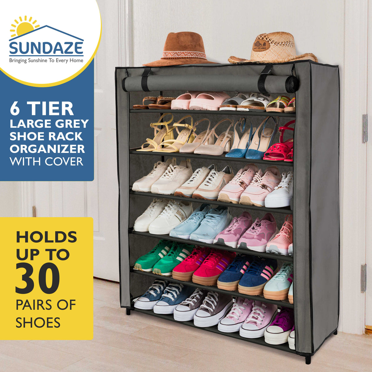 6 Tier Shoe Organizer, Sturdy Tall Shoe Rack for Closet, Bedroom, Garage, Non Woven Fabric Shelf, Grey, Holds Up to 30 Pairs