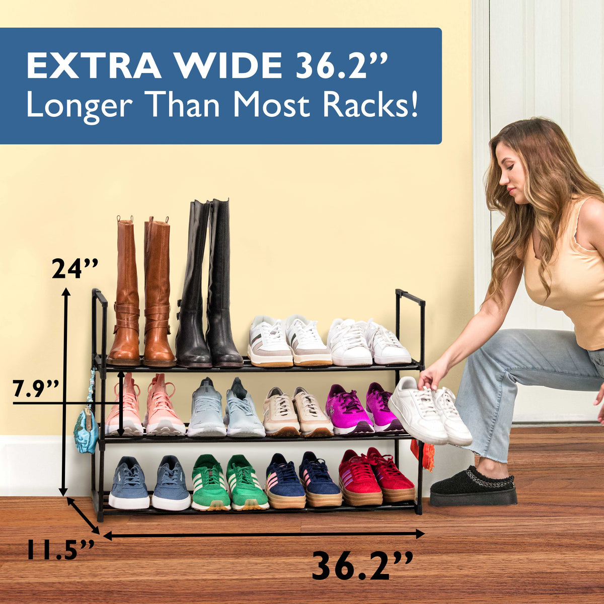 3 Tier Metal Shoe Organizer, Sturdy Long Shoe Rack for Closet, Bedroom, Entryway, Garage, Black Metal, Holds Up to 15 Pairs