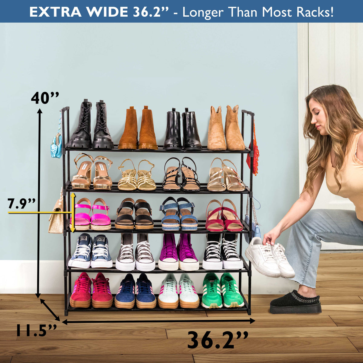 5 Tier Metal Shoe Organizer, Sturdy Long Shoe Rack for Closet, Bedroom, Entryway, Garage, Black Metal, Holds Up to 25 Pairs