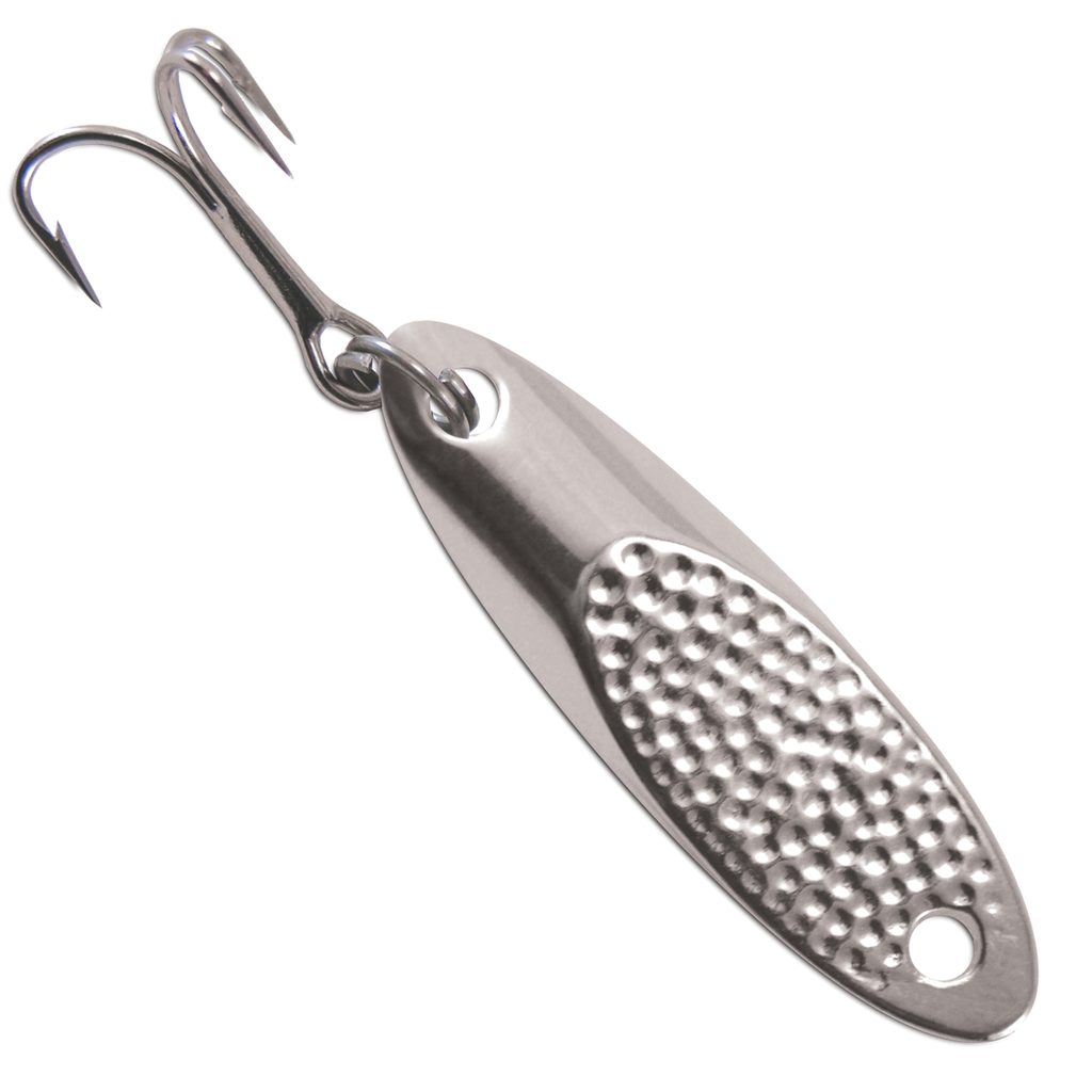 Acme Hammered Kastmaster fishing lure featuring a hammered silver metal body with a textured pattern and a sharp treble hook for effective fishing tackle use.