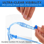 Face Shields with Blue Glasses Frames (20 Packs of 10) - Ultra Clear Protective Full Face Shields to Protect Eyes, Nose, Mouth - Anti-Fog PET Plastic