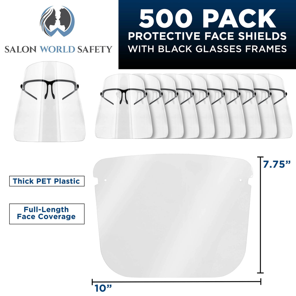 Face Shields with Black Glasses Frames (20 Packs of 25) - Ultra Clear Protective Full Face Shields to Protect Eyes Nose Mouth - Anti-Fog PET Plastic