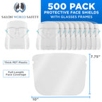 500 Safety Face Shields with Glasses Frames (20 Packs of 25) - Ultra Clear Protective Full Face Shields, Protect Eyes Nose Mouth, Anti-Fog PET Plastic