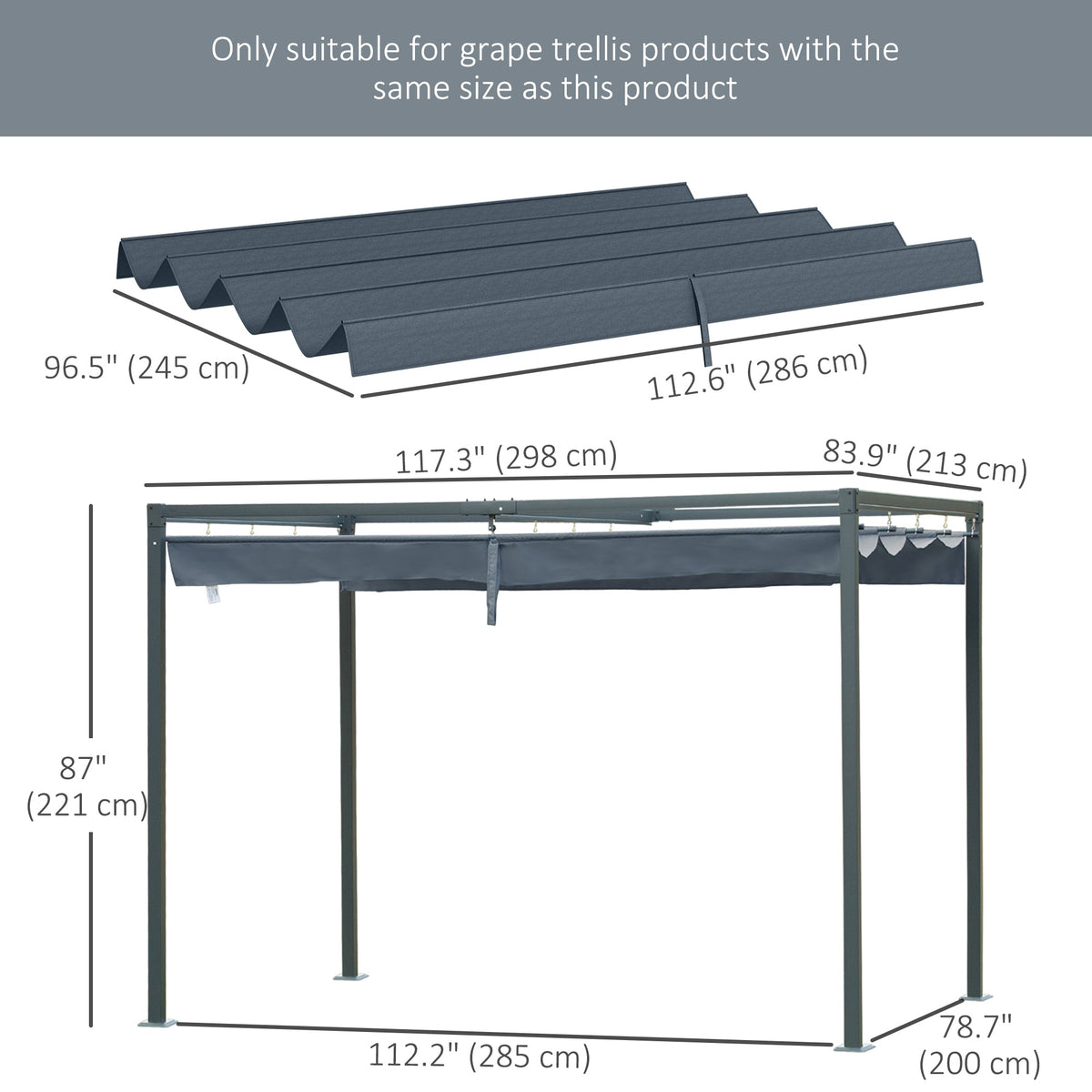 UV30+ Retractable Canopy for 9.8'x7.1' Pergola, Dark Grey