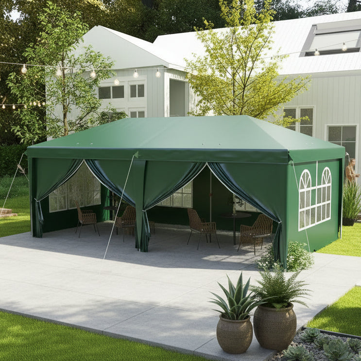 3 x 6m Garden Pop Up Gazebo, Wedding Party Tent with Sidewalls, Windows, Carry Bag, Green