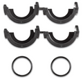 Garmin Split Connectors shown as four black semi-circular plastic clamp pieces and two rubber O-rings designed for secure attachment in fishing tackle or marine electronics.