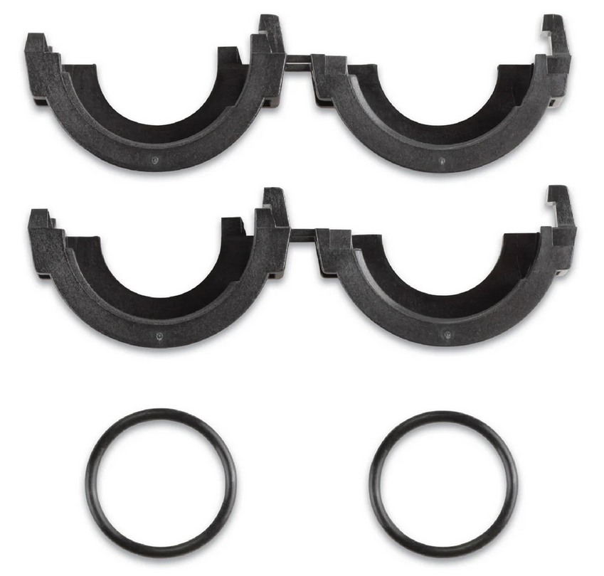 Garmin Split Connectors shown as four black semi-circular plastic clamp pieces and two rubber O-rings designed for secure attachment in fishing tackle or marine electronics.