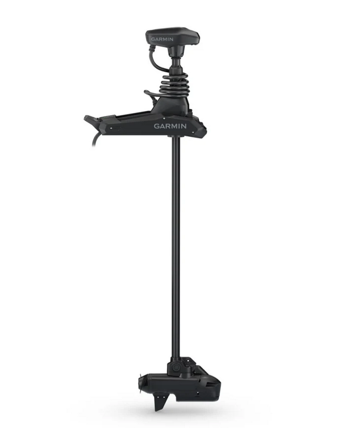 Garmin Kraken Trolling Motors shown in black with streamlined design featuring a motor shaft, propeller, and cable connection for marine electronics and fishing tackle use.