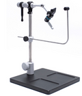 Renzetti Presentation 2000 Vise with adjustable stainless steel shaft, black metal base with compartments, and a clamp for holding fishing tackle for detailed fly tying and rod work.