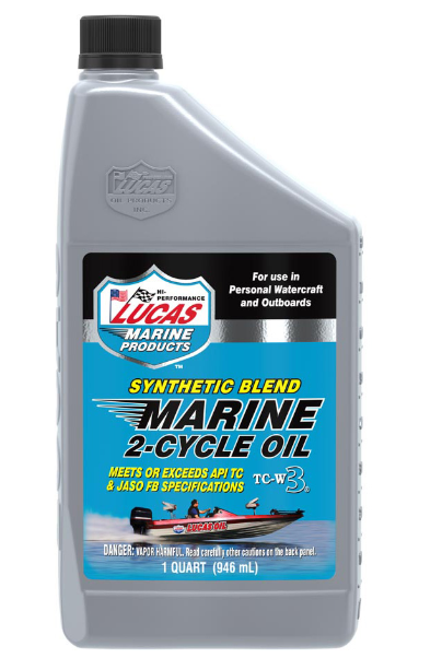 Bottle of Lucas Synthetic 2-Cylcle Marine Oil designed for personal watercraft and outboards, featuring a synthetic blend formula that meets API TC and JASO FB specifications.