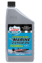 Bottle of Lucas Synthetic 2-Cylcle Marine Oil designed for personal watercraft and outboards, featuring a synthetic blend formula that meets API TC and JASO FB specifications.