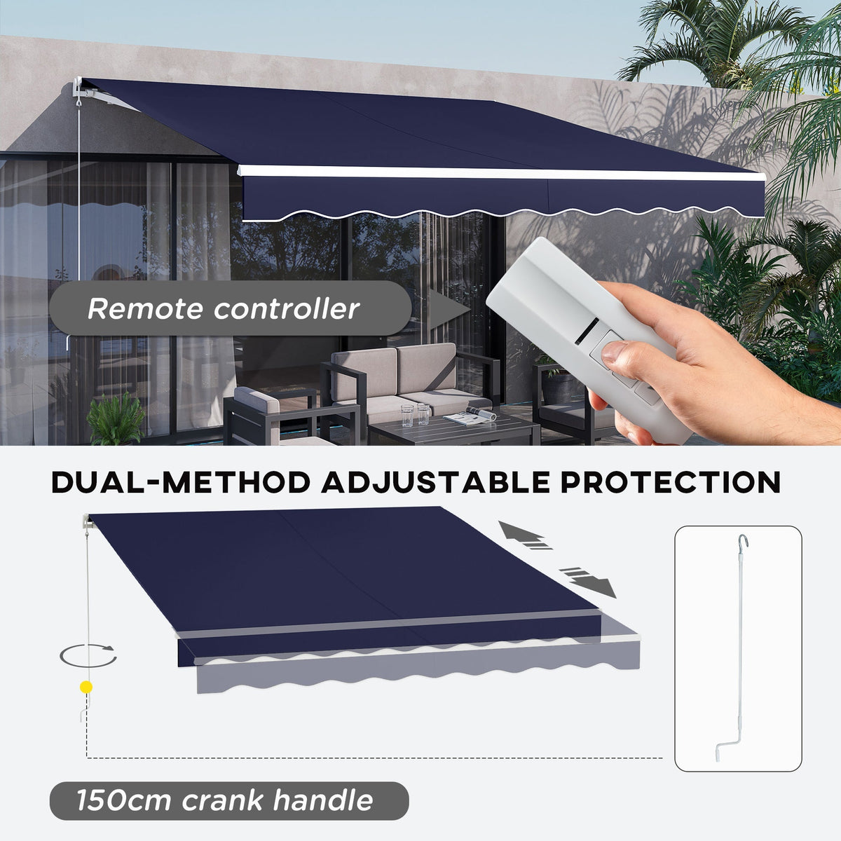 12' x 10' Electric Retractable Awning with Remote & Crank Handle, Blue