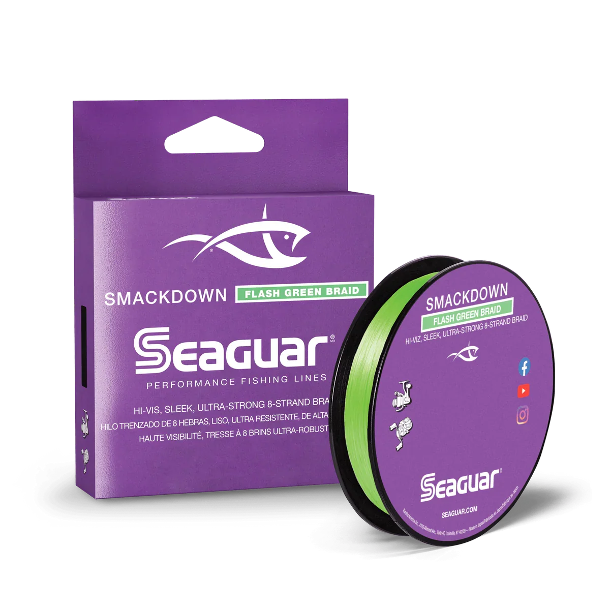 Seaguar Smackdown Braid fishing line in bright green color, shown with spool and purple packaging, designed for high-visibility, ultra-strong fishing tackle use.