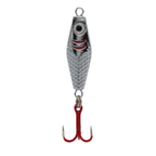 Clam Rattlin' PT Spoon silver fishing lure with textured scale design, detailed eye, red accent lines, and red treble hook for attracting fish in freshwater fishing tackle.