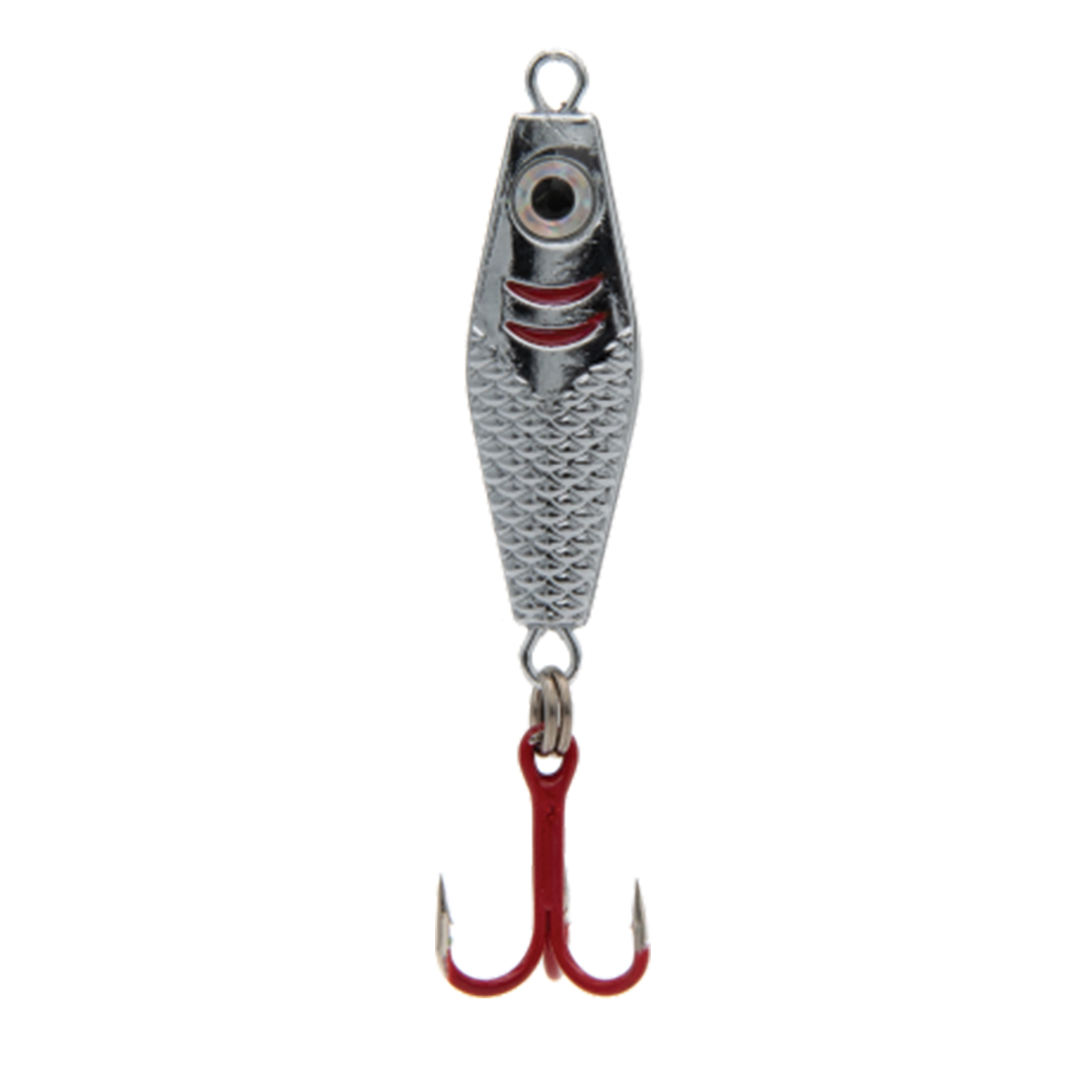Clam Rattlin' PT Spoon silver fishing lure with textured scale design, detailed eye, red accent lines, and red treble hook for attracting fish in freshwater fishing tackle.