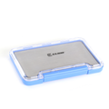 Clam Super Slim Jig Box with slim, rectangular design featuring a clear plastic lid and blue base, ideal for organizing fishing tackle and small jigs.