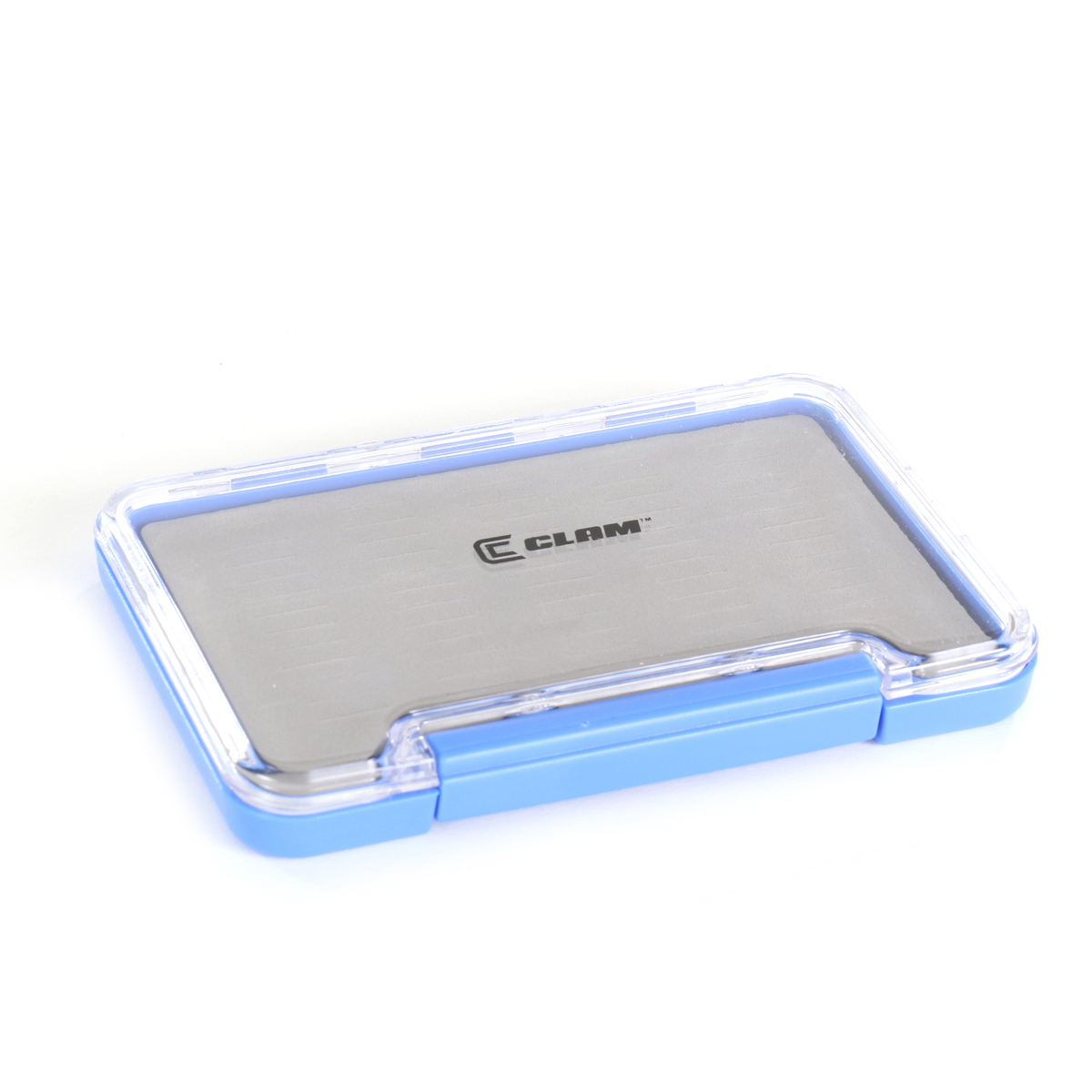 Clam Super Slim Jig Box with slim, rectangular design featuring a clear plastic lid and blue base, ideal for organizing fishing tackle and small jigs.