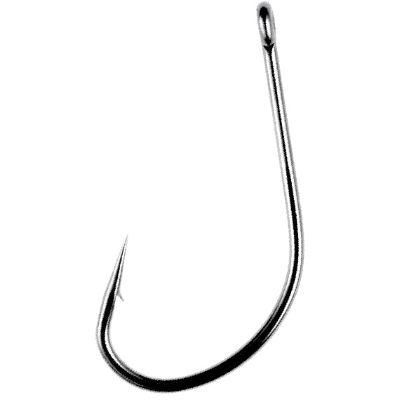 Close-up of a single silver fishing hook designed for finesse fishing, identified as the Owner Sniper Finesse Neko Hook, featuring a sharp point and barb for secure catch in fishing tackle.