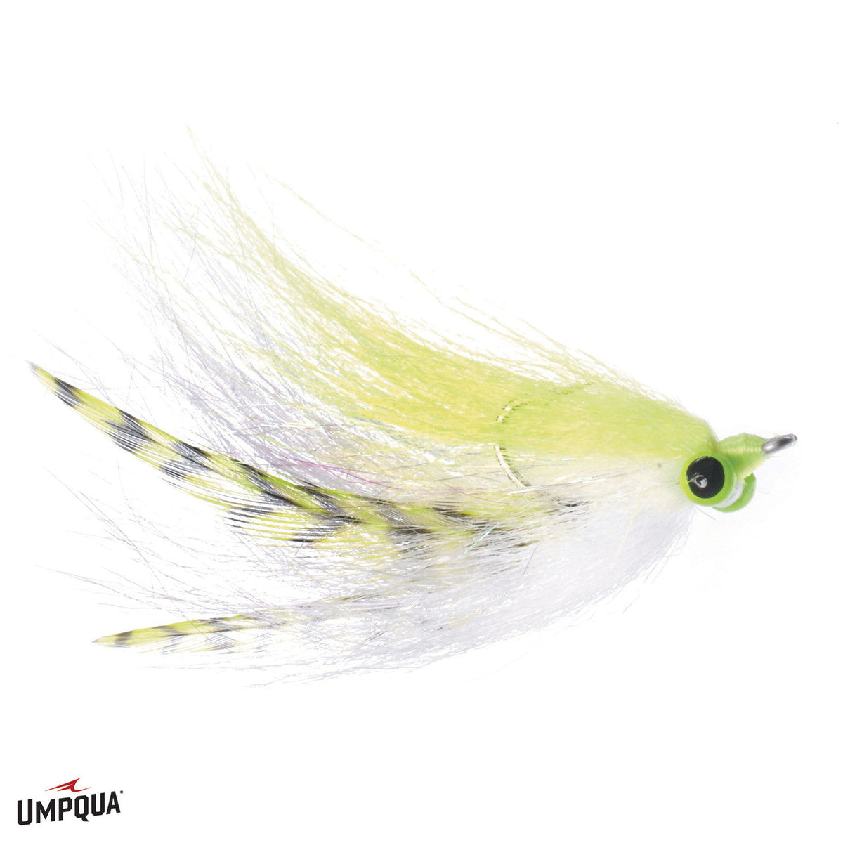 Stay Hungry #2 fly fishing lure with a chartreuse and white color pattern, featuring synthetic fibers and striped feathers designed for musky fishing.